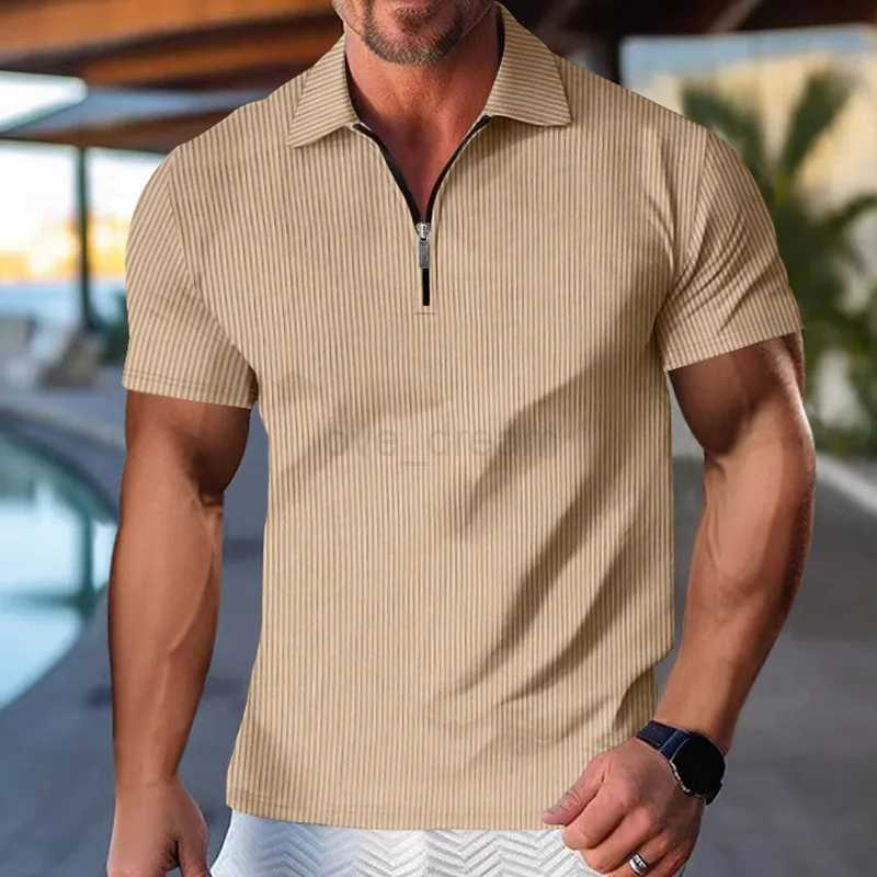 Mens Fashion Polo Shirts 2024 Summer Stripe Zipper Mens Polo Shirt Solid T-Shirt Brand Short-Sleeved Shirt Casual Slim TopsXJ240920
