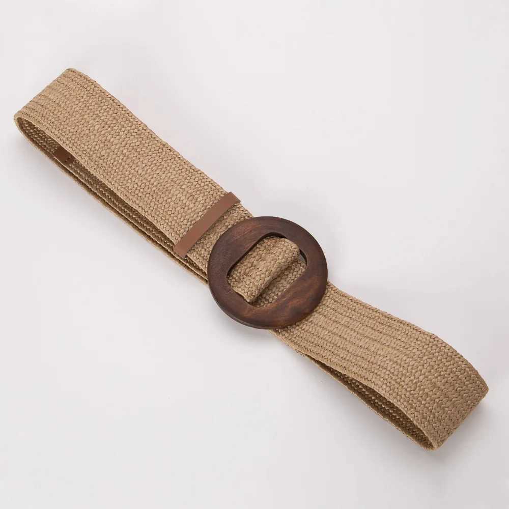Wooden buckle jade buckle womens dress with casual womens woven broadband womens designer womens elastic PP grass strap W240920