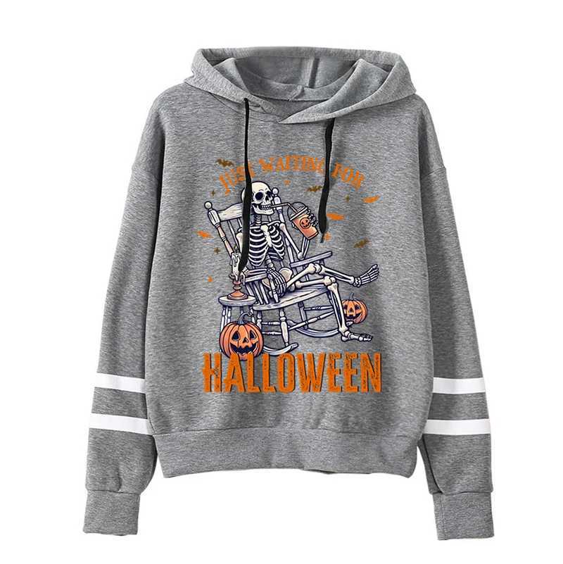 Hip Hop Skull Pumpkin Bat Print Hoodies Women Fashion Long Sleeve Streetwear Just Waiting for Halloween Fleece Casual Hooded Y240920