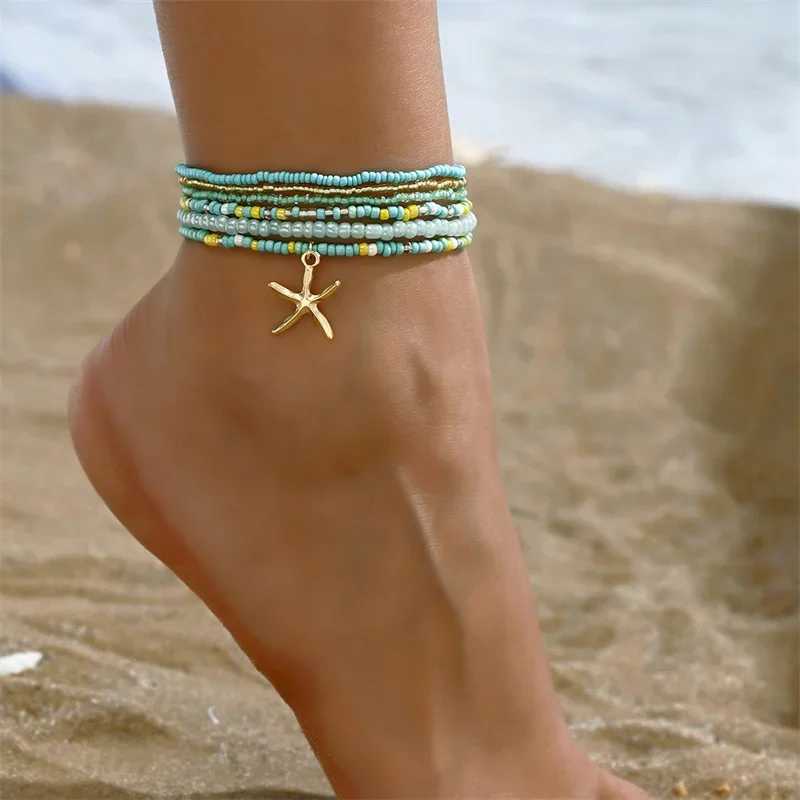 Fashion Multilayer Rice Beads Starfish Pendant Anklet for Women Female Boho Colorful Jewelry Summer Beach Foot Ankle Chain Gifts Y240920