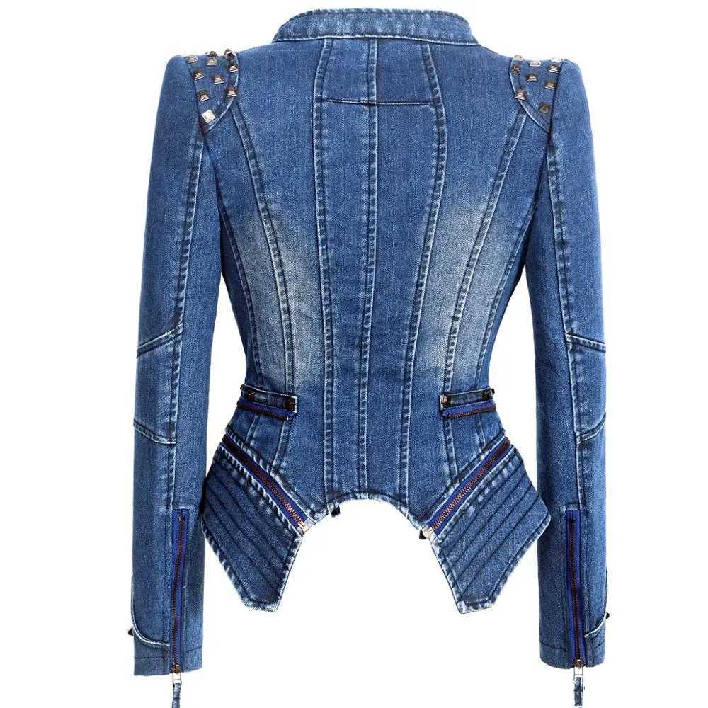 Plus Size Punk Rivet Short Denim slim Jackets Women Wash Long Sleeve Vintage Casual Studs Jean Outerwear Lapel Bomber Slim CoatX240920