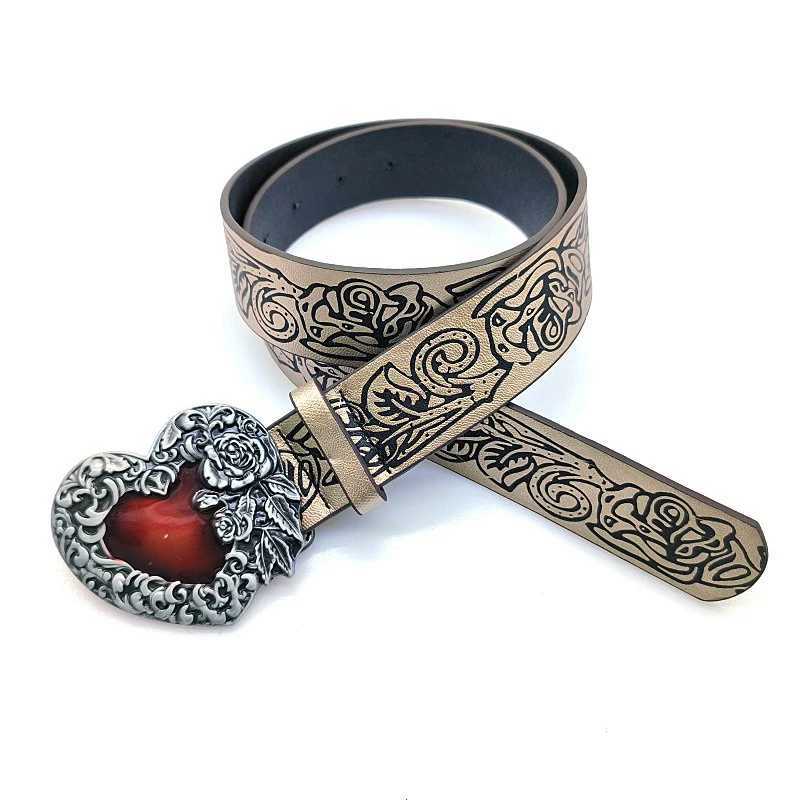 Gothic Punk Leather Y2k Belt For Women Metal Red Peach Heart Flower Buckle Waist Strap Jeans Decorative Waistband Accessories W250120