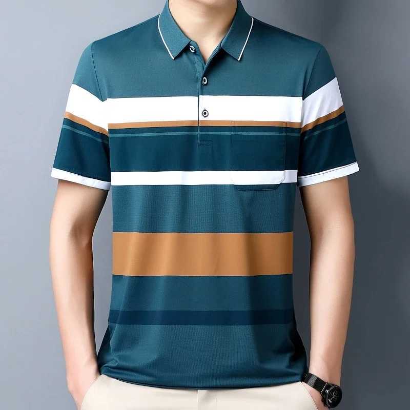 New Mens Color Woven Striped Short Sleeved POLO Shirt Cotton Summer Casual TopX240920