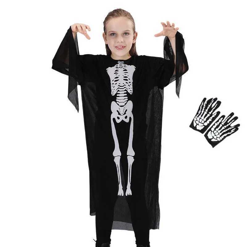 Halloween Adults Kids Skull Skeleton Printed Masquerade Scary Cosplay Costumes with Gloves for Carnival Party Clothes Stage Wear Y240919
