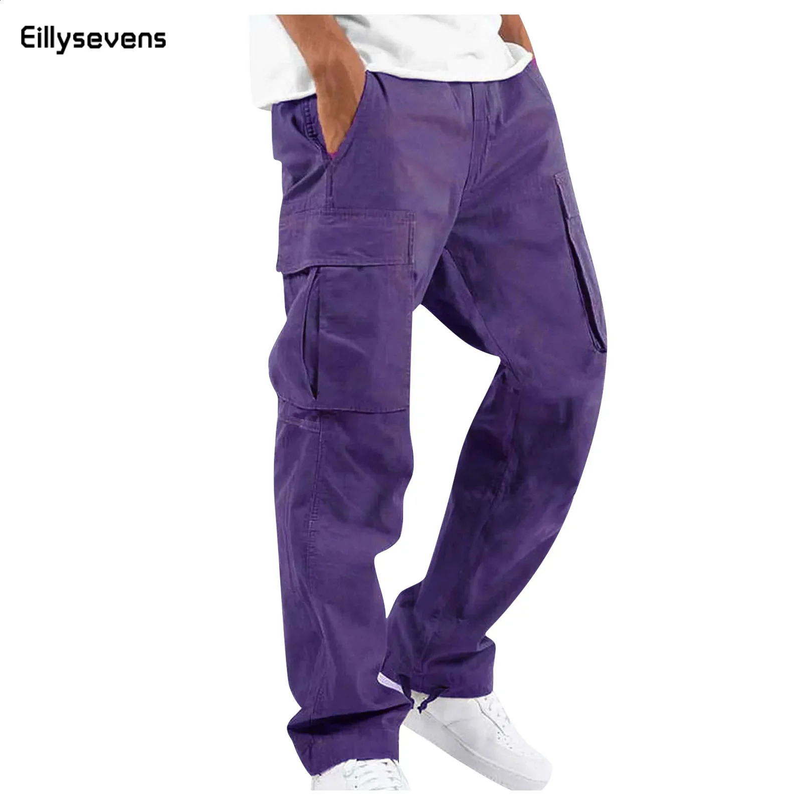 Purple mens loose cargo handcart with multiple pockets jogging pants dragging and walking tactical outdoor hiking 240920