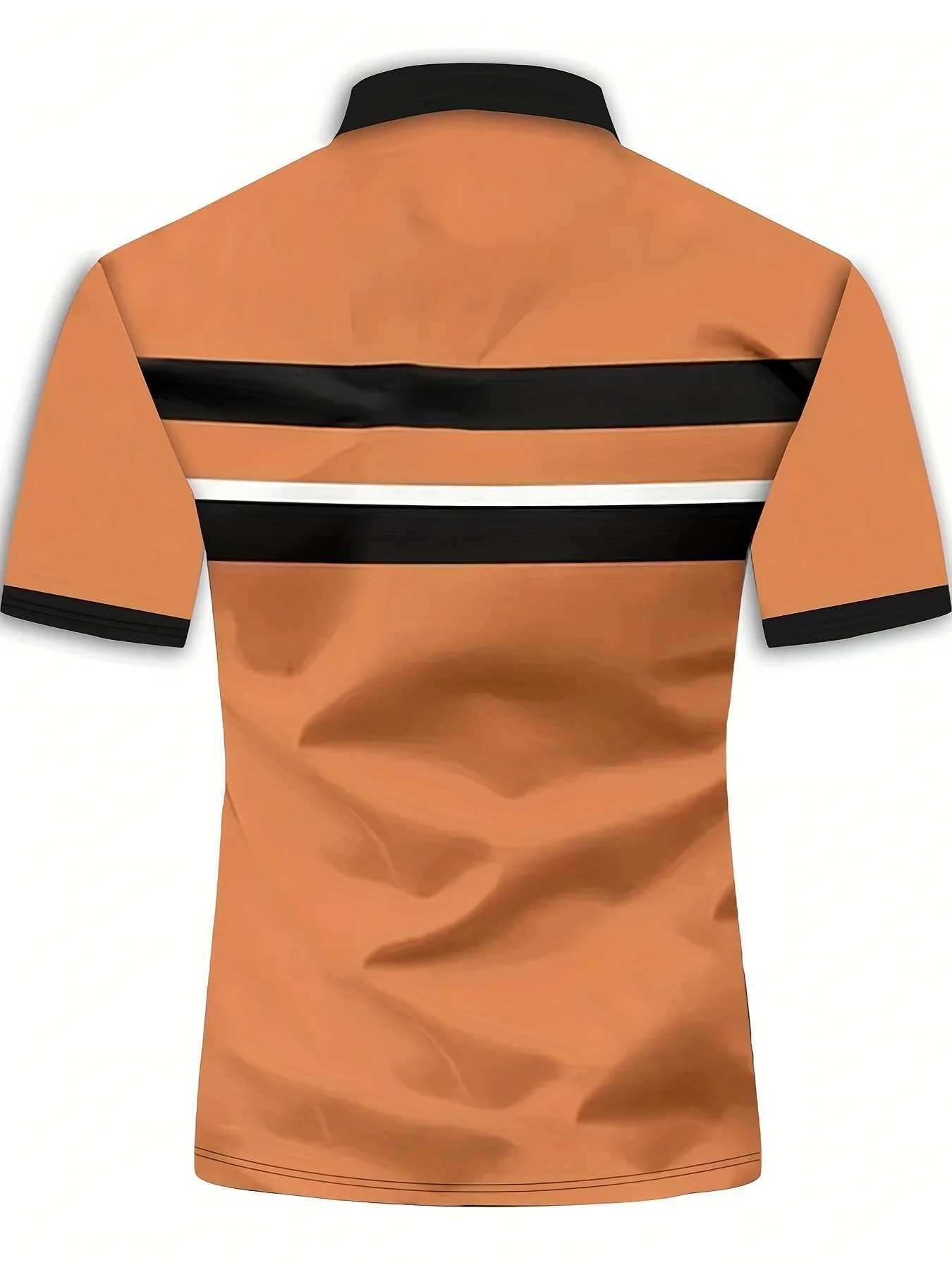 Mens Fashionable 3D Print Three-Color Striped Shirt - Short Sleeve Button Up Lapel Collar - Perfect for Stylish Summer WearX240920