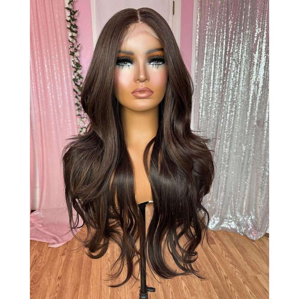 Dark Brown Blonde Synthetic Hair Long Wavy Pre Plucked 13X4 Lace Front For Black Women Glueless 180Density Daily Wear Wigs