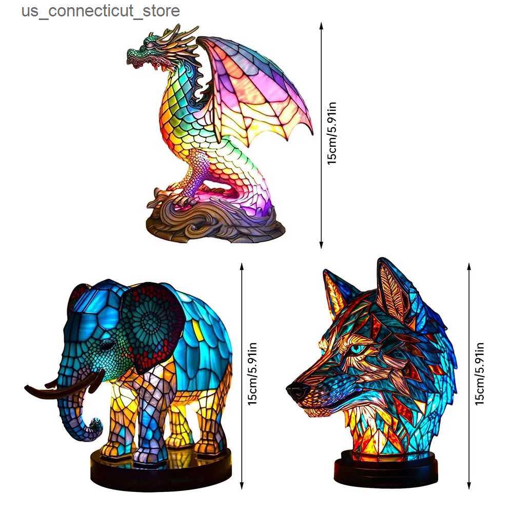 Novelty Lighting 3D Stained Glass Table Lamp Resin Animal Shape Night Light Elephant Wolf Dragon Desktop Ornaments Bedroom Atmosphere Light L240910