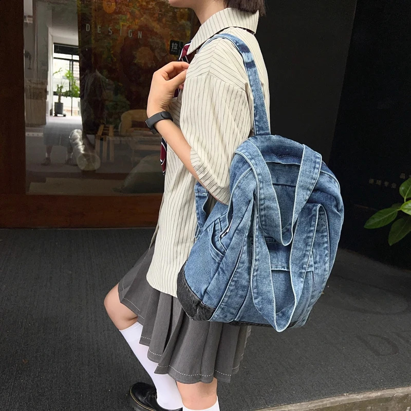 Womens dualpurpose shoulder bag and backpack denim blue large capacity travel shopping handbag latest Rucksacks womens 240919