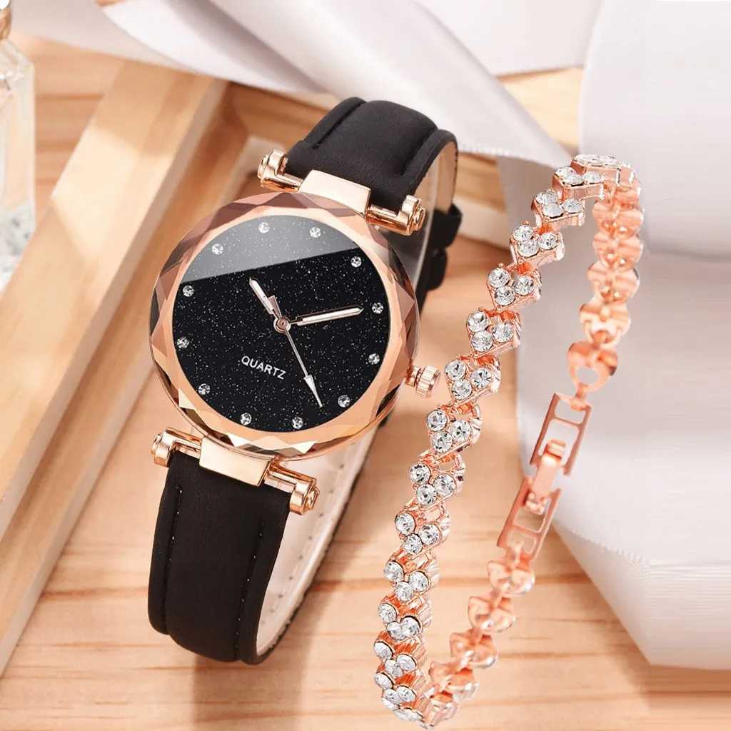 2pcs Luxury Fashion Women Watch Set PU Leather Strap Ladies Quartz Wristwatch Rhinestone RoseGold Alloy Bracelet For Ladies GiftX240920