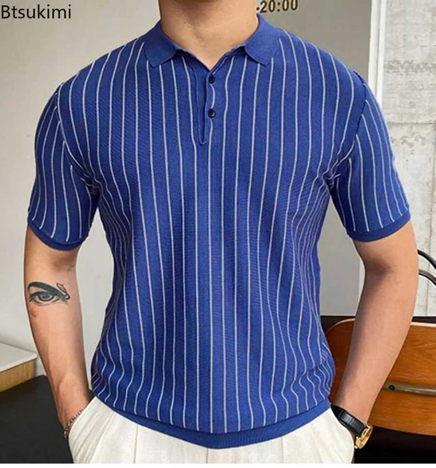 2024 Mens Striped Short Sleeve Knitted Shirts Summer New Comfy Breathable Casual Business Polo Shirts Men Golf Sport Loose TopsXJ240920
