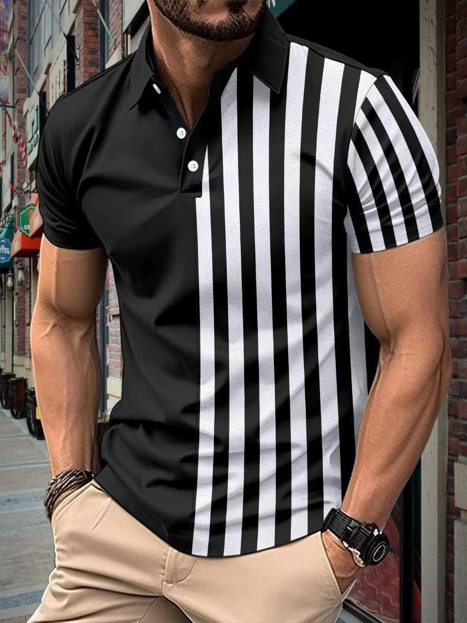 Mens summer new mens short-sleeved polo shirt striped color contrast lapel polo shirt Fashion sports T-shirt Breathable topX240920