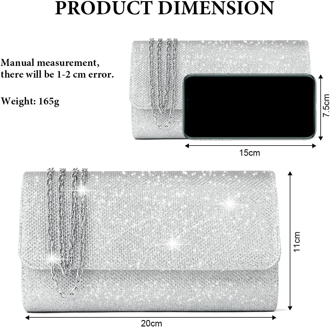 Women's Pochette, Ceremony Removable Chain Bag Strap, Shoulder Bags for New Year's Ball, Party - Sier