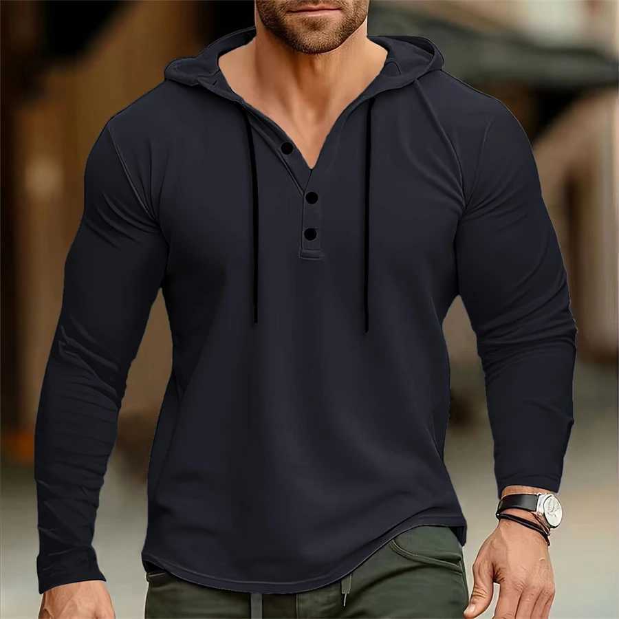 Mens hooded T-shirt Gym Clothing Fitness Long sleeve hoodies Cotton Singlets Men Joggers T-shirt Bodybuilding casual ClothingX240919