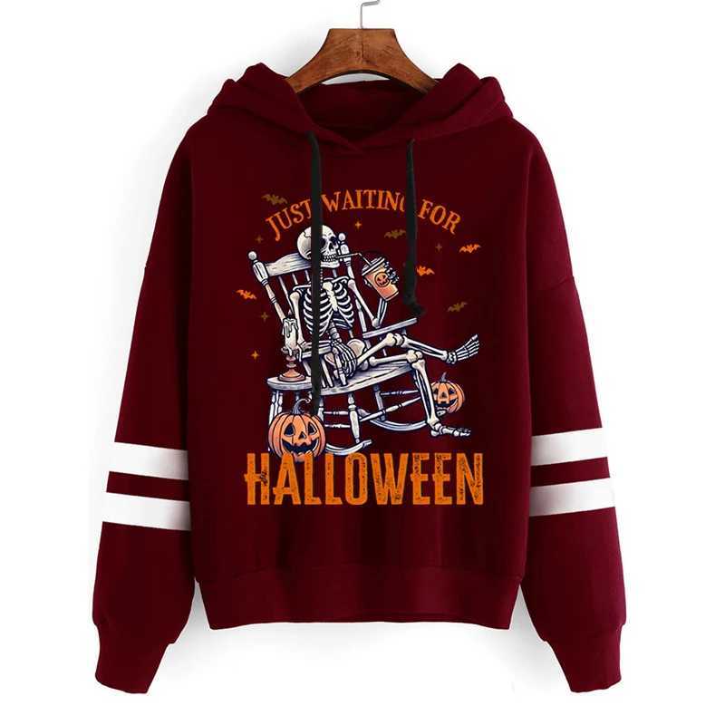 Hip Hop Skull Pumpkin Bat Print Hoodies Women Fashion Long Sleeve Streetwear Just Waiting for Halloween Fleece Casual Hooded Y240920