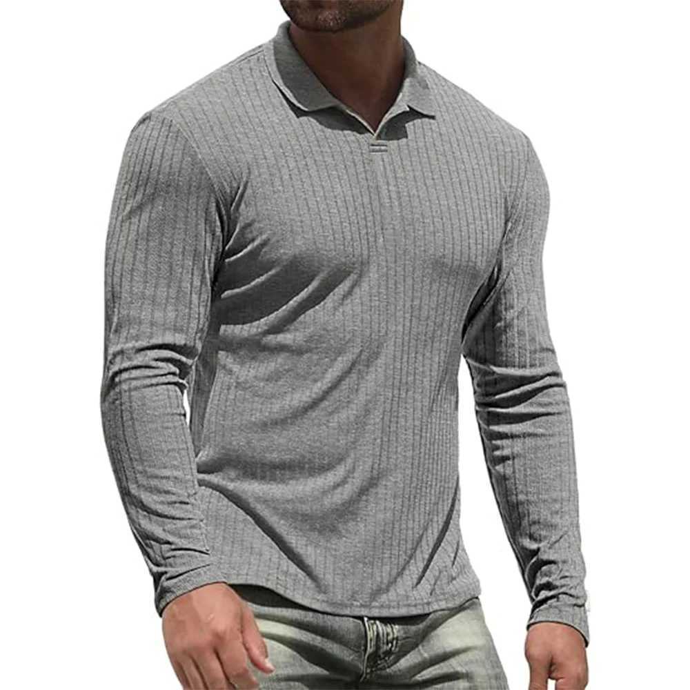 Cotton Mens Long Sleeve T-Shirts Men Polo Shirts High Quality Slim V-neck Striped Shirt Male Top Tees MaleX240920