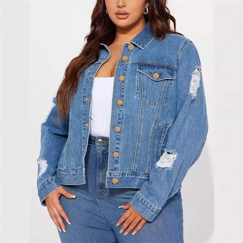 Women Fashion Broken Holes Denim Jacket Casual Vintage Single-breasted Cardigan Coat Autumn Winter Daily Casual Female OuterwearX240920