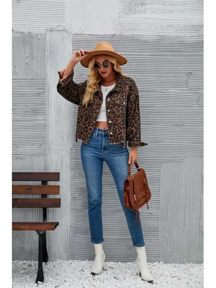 Denim Autumn Leopard Print Jackets Coats Women Casual Fashion Irregular Ladies Cropped Jackets Long Sleeve Loose Woman Coat 2023X240920