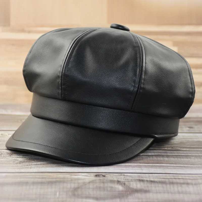 Women Fashion Leather Newsboy Caps Black PU Octagon Hat Man Big Size Beret 54cm 56cm 57.5cm 59cm 61-62cmX240919