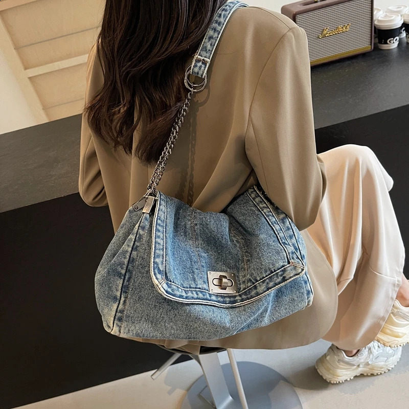 Casual large capacity retro denim womens chain shoulder bag cross body ner y handbag bolsos de mujer 240919