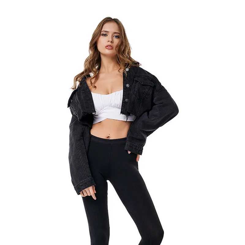 Boyfriend Jean Jacket Women Oversized Crop Denim Jackets Vintage Long Sleeve Short Jacket Casual Loose Coat Black Bomber JacketX240920