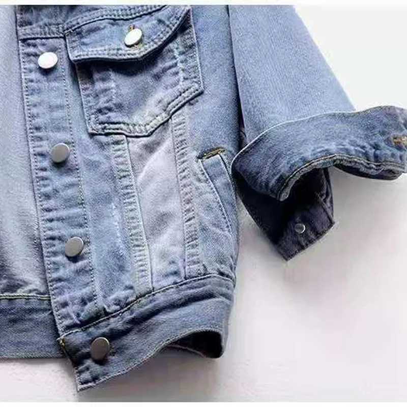 Spring Summer Half Sleeve Women Collared Distressed Coat Ladies Washed Cropped Denim Jacket Girl Ripped Jean Cardigan ShawlX240920