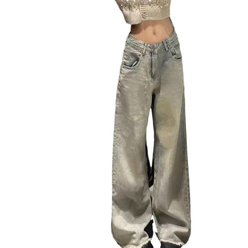 2026 Petite American Style Vintage Distressed Straight leg Jeans High waisted Slimming Wide leg Loose fit Pants For Women
