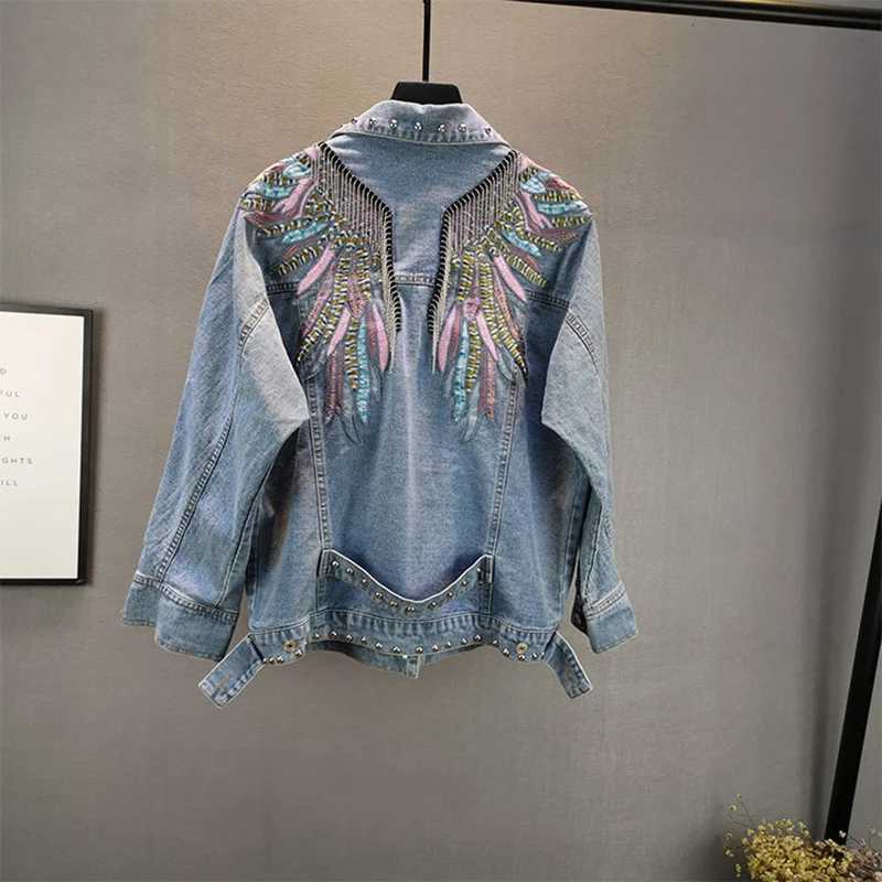 Women Casual Rivet Wing Embroidery Denim Coat 2024 Spring Autumn Chain Tassel Blue Short Jeans Jacket Long Sleeve Chaqueta MujerX240920