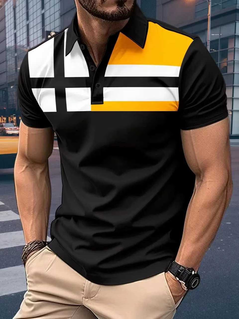 Mens Short-Sleeved Polo Shirt Lapel Polyester Button Stripe Breathable Shirt Business Casual Fashion SummerX240920