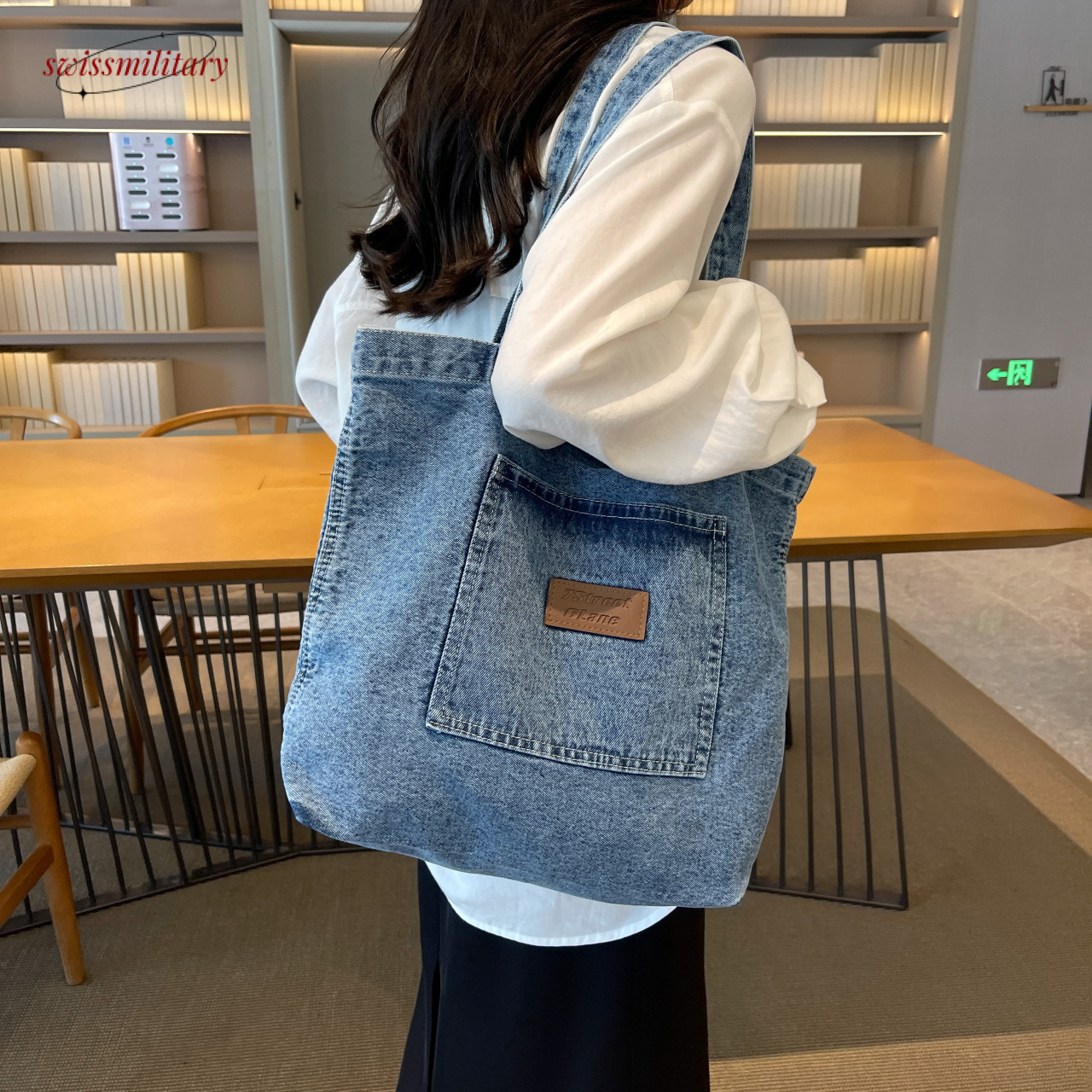 Korean Dongdaemun Lazy Denim 2024 New Emed Letter Texture Single Shoulder Tote Bag #25 Swissmilitary