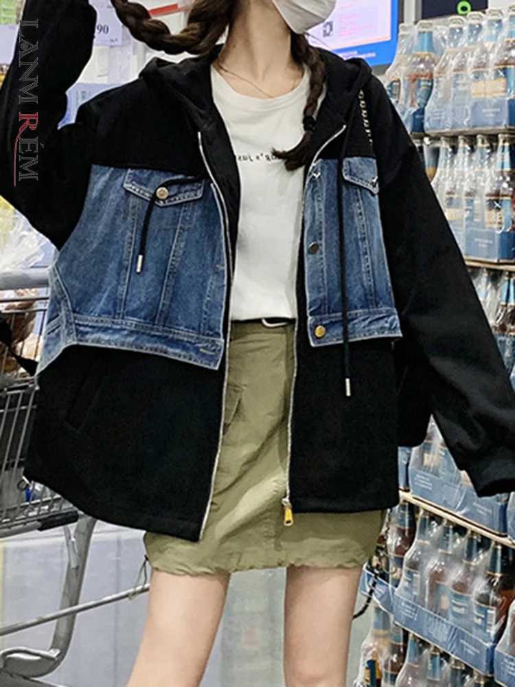 LANMREM Streetwear Hooded Jackets Women Denim Patchwork Design Zipper Loose Coat Fashion 2023 Autumn New Clothing 2AA3106X240920