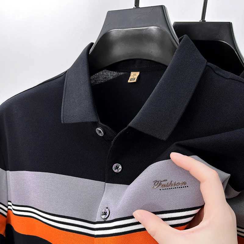 High end silk cotton short sleeve POLO shirt mens 2024 summer fashion stripe contrasting embroidery casual business T-shirtX240920