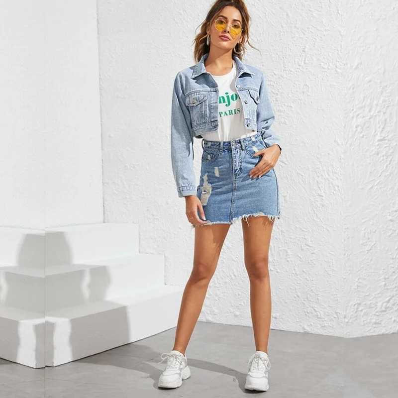 Womens denim jacket - fashionable lapel ultra short washed blue jacket high-qualityX240920