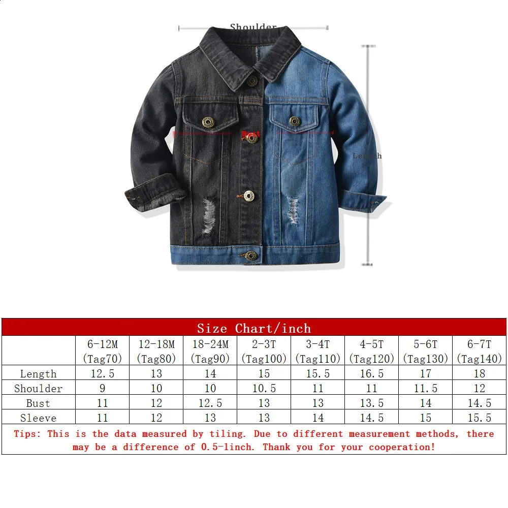70-140cm childrens casual denim jacket with black and blue patchwork color fashionable street boy jeans jacket with perforated collar 240918
