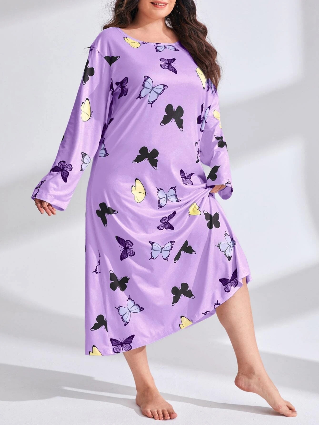 2024 Fat Po Women's Long sleeved Butterfly Heart Leopard Print Drop Shoulder Large Size Sleeping Dress