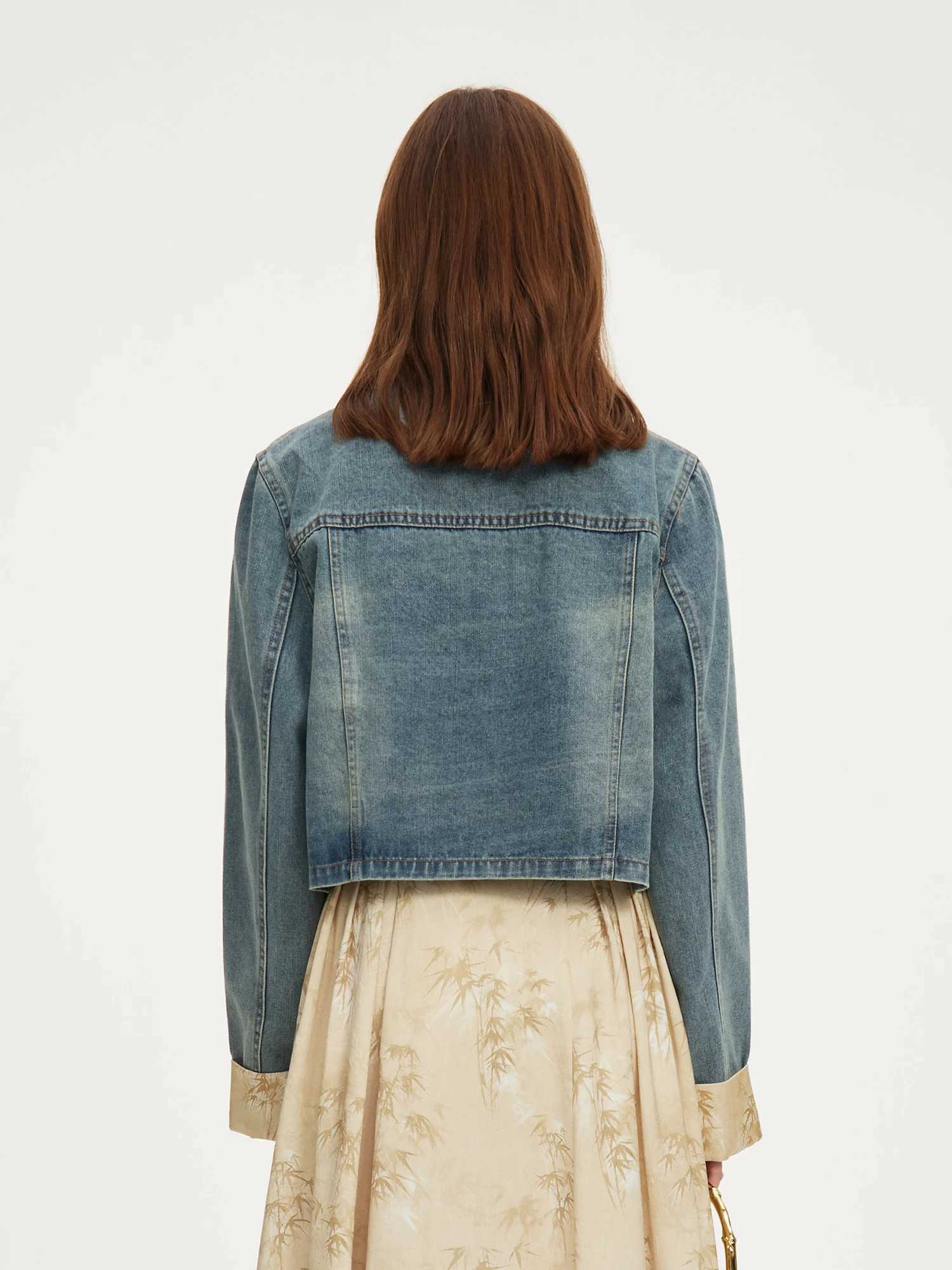 FSLE Women Short Denim Jackets Autumn New Retro Cotton V-Neck Denim Blue Female Coats Cuff Patchwork Design Tops 24FS13177X240920