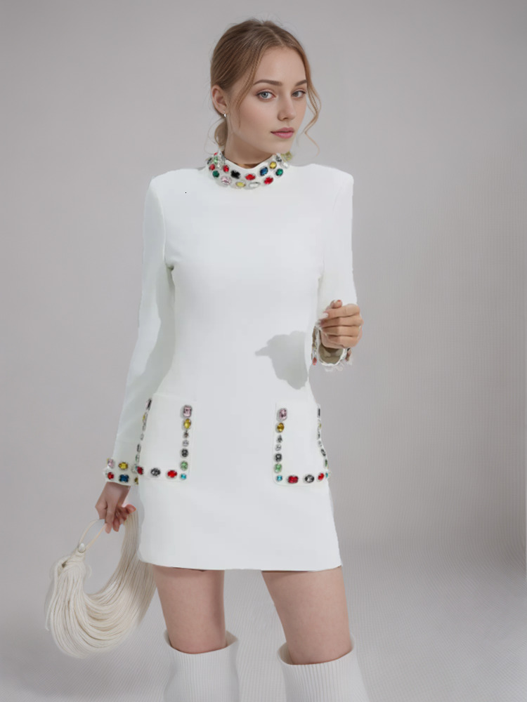 Solid Patchwork Dias Temperament Dresses For Women Stand Collar Long Sleeve High Waist Slimming Mini Dress Female New
