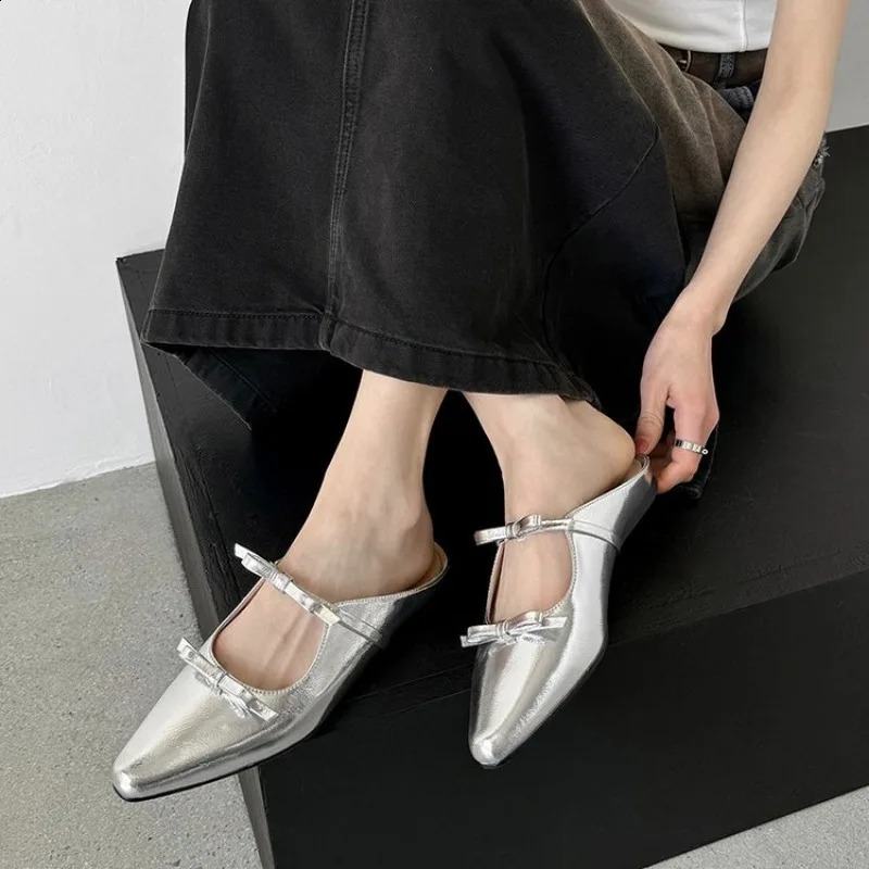 2024 Bow Mary Jane Womens Pointed Shiny PU Leather Flat Ballet Shoes Party Dress Womens Slippers Zapatillas Mujer 240919
