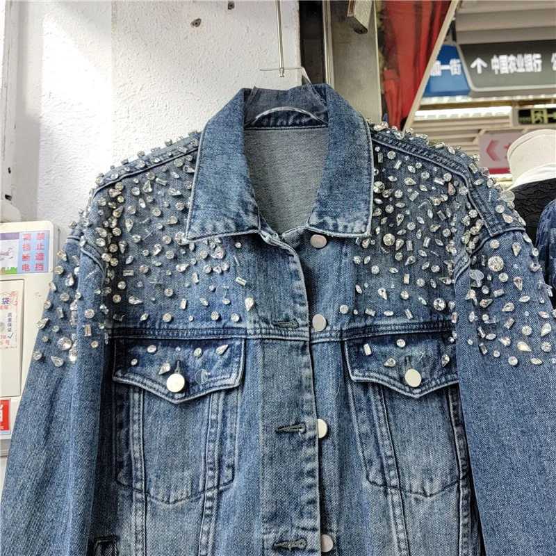 Vintage Beaded Diamonds Blue Short Jeans Jacket Spring Women Loose Lapel Single-breasted Female Denim Jacket Casual Basic CoatX240920