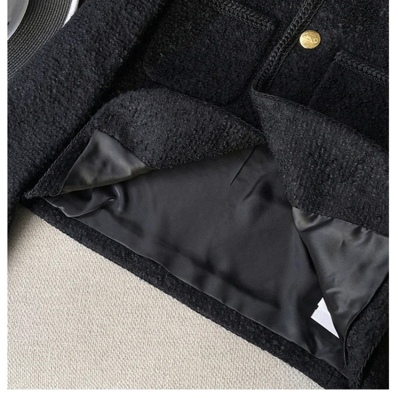 New High Quality Fashion Jackets Black Tweed Two Pockets Golden Buttons Elegant Coats Spring Autumn Women Clothes