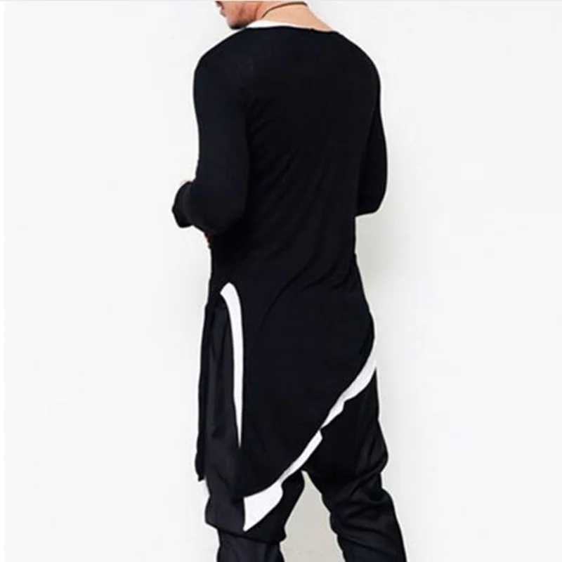 Men asymmetrical design punk hip hop long sleeve t shirt side split long tee shirts mens casual vintage streetwear gothic topsX240919