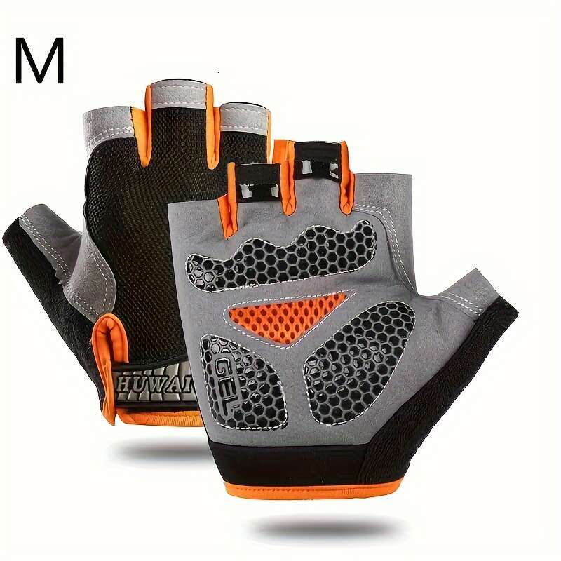 Black (1 pair) half finger silicone filled fitness gloves with hook loop closure breathable polyester fabric hand washable non slip durable palm