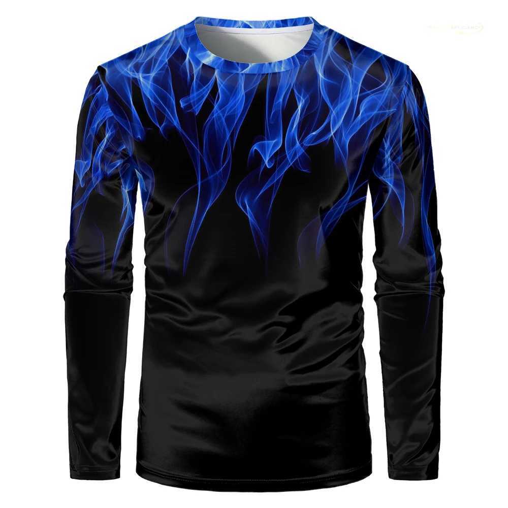 Fashion Men Flame 3D Printed T-shirt Personality Funny Round Neck Long Sleeve T Shirts Retro Street Loose Trend Pullover TeesX240919