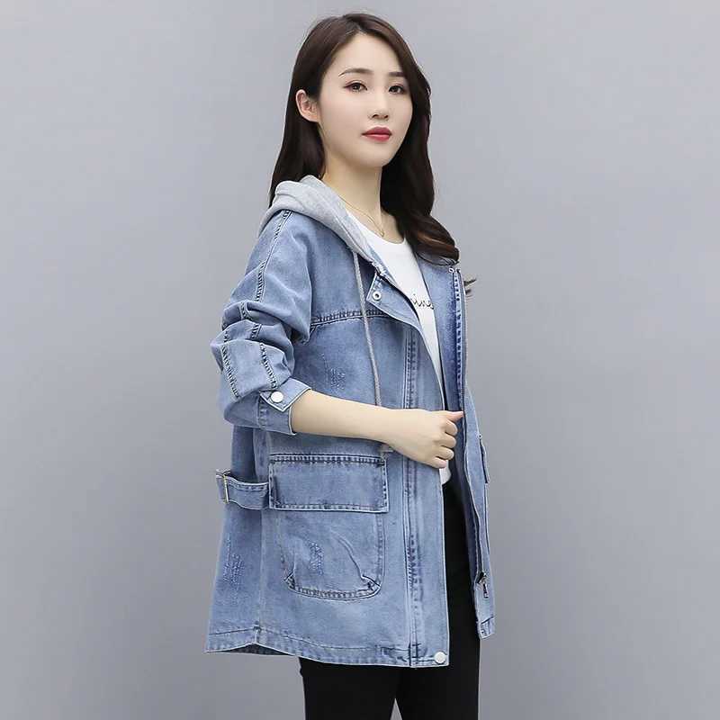 2024 New Autumn Womens Denim Jacket Long Sleeve Casual Jeans Coat Hooded Loose Turn Down Collar Overcoat Femme OuterwearX240920