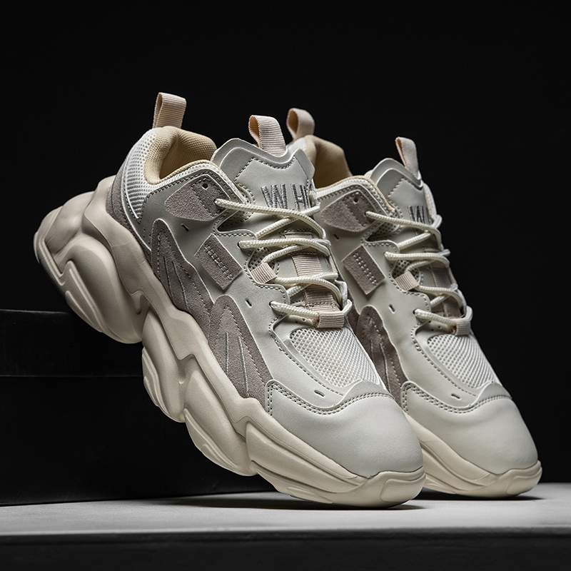 Beige Thick Sole Sneakers for Men Casual Fashion Men's Chunky Sneakers Height Increasing Dad Shoes Hard-Wearing Male Footwear