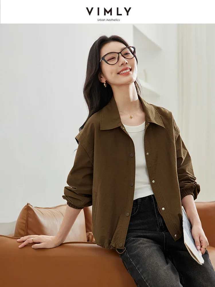 VIMLY Womens Simple Short Jacket Coat Autumn Button Baseball Aviator Cropped Jackets for Women Long Sleeve Commuter OuterwearX240920