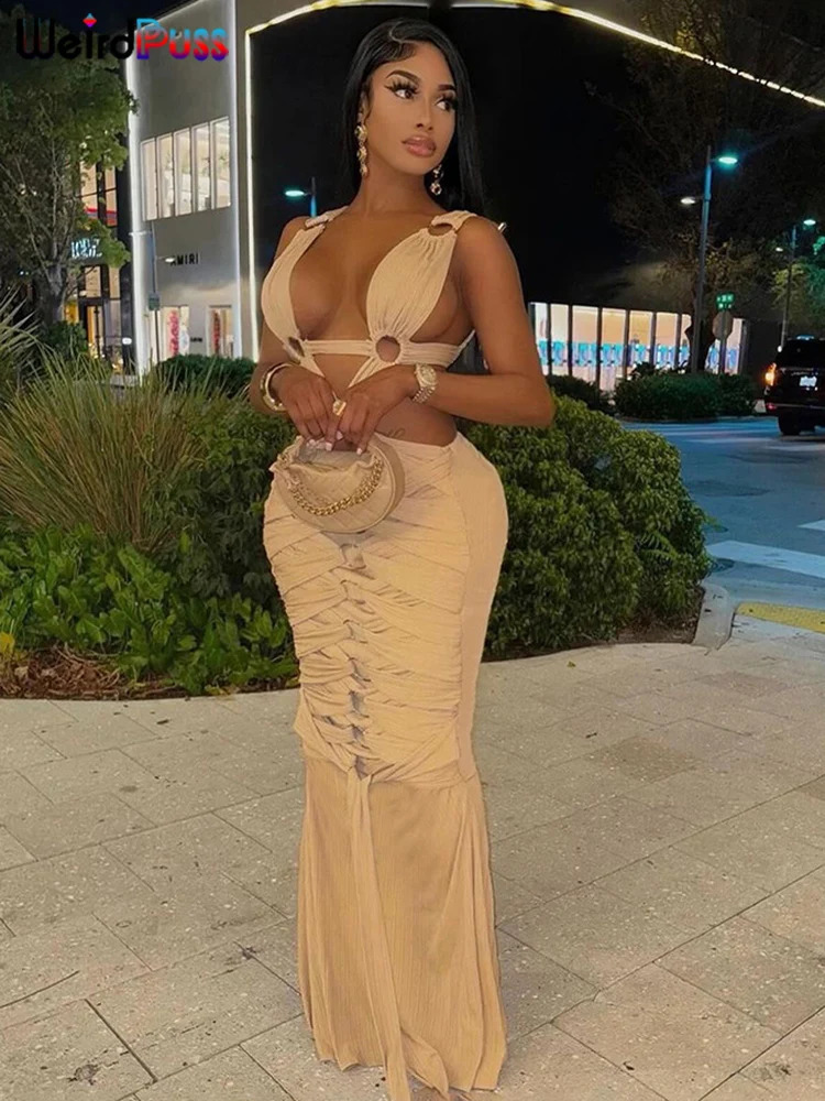 Weird Puss Cirque Cross Hollow Dress Women Sexy Chic Y2K Trend Backless Sleeveless Elegant Birthday Party Stretch Maxi Bodycon 240920