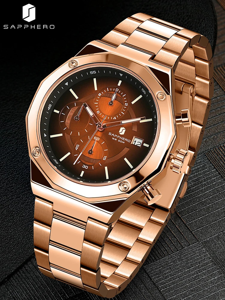 SAPPHERO Rose gold Chronograph Mens Watch Stainless Steel Quartz Watch Business Waterproof Luminous Calendar Wristwatch 240909