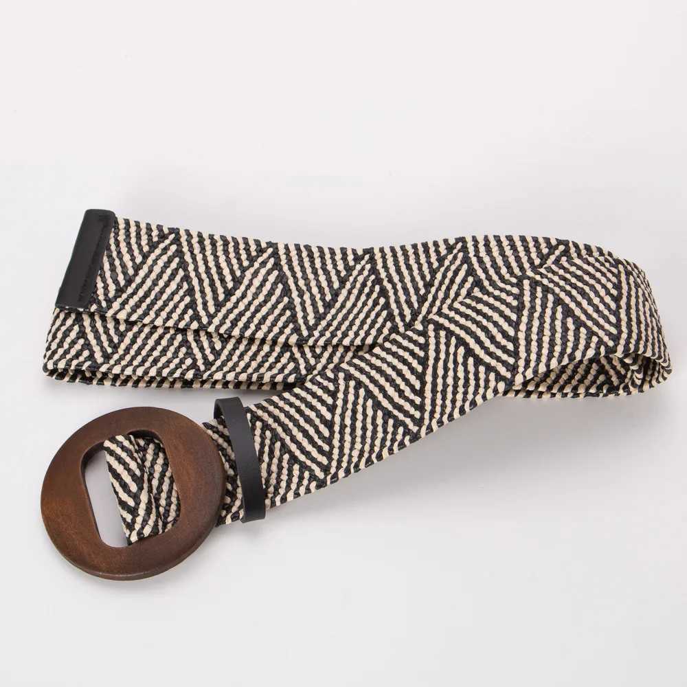 Wooden buckle jade buckle womens dress with casual womens woven broadband womens designer womens elastic PP grass strap W240920