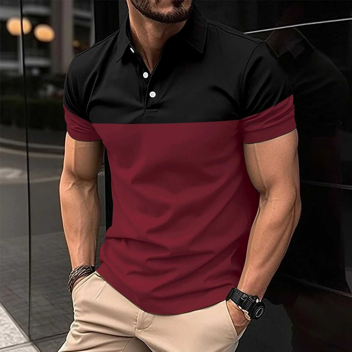 Mens casual short-sleeved polo shirt Fashion lapel button down shirt mens breathable T-shirt double color topX240920